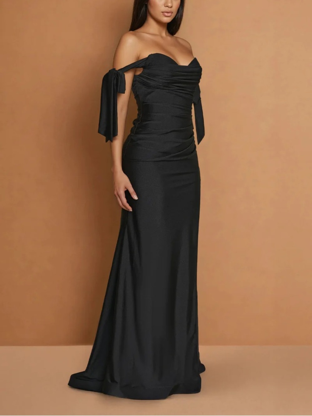 Off-Shoulder Black Evening Gown with Tie Sleeve Detail